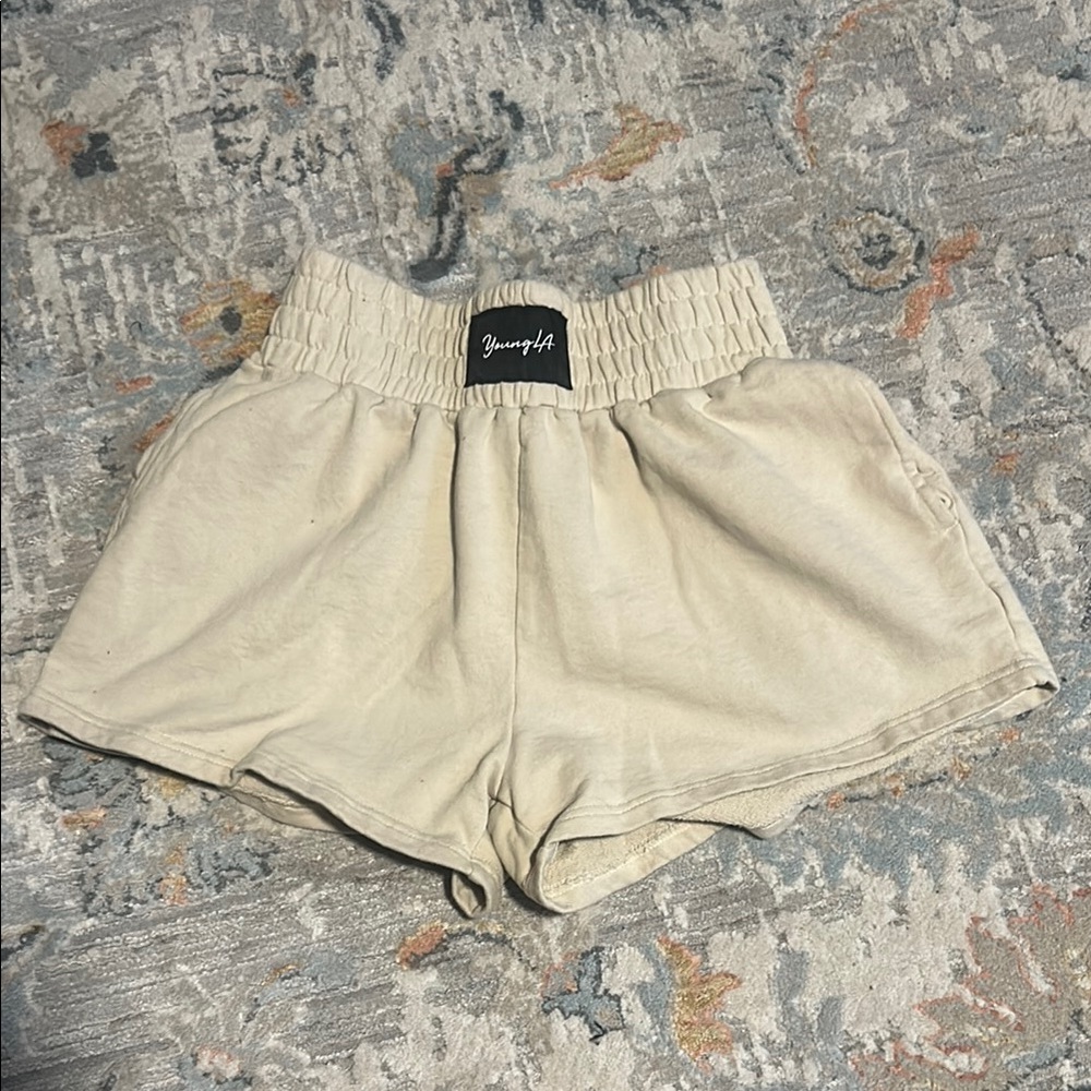 YoungLA Cream Athletic Shorts Elastic Waistband Lightweight